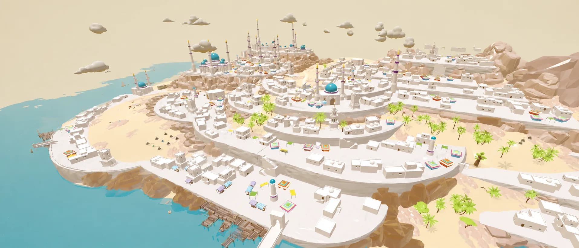 Azharel's coastal desert city captured from the current playable build